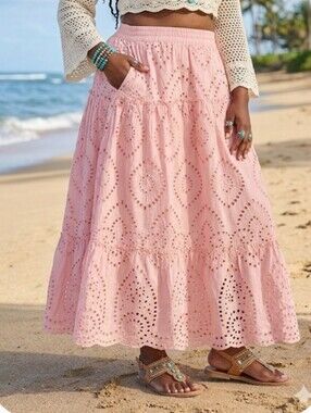 Boho Maxi Skirt Festival Eyelet Cotton Coral Cottage Grandma Pockets Large New